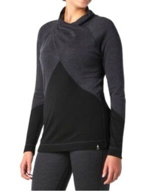 Smartwool women’s 100% merino wool black grey crossover neck top (small hole)